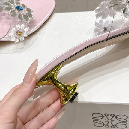 LOEWE 26S MULE HEELS 45MM IN LIGHT PINK PVC WITH CRYSTAL FLORAL
