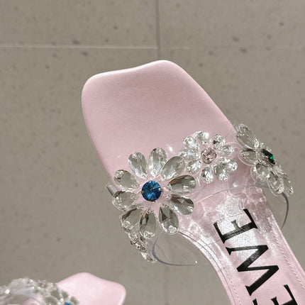 LOEWE 26S MULE HEELS 45MM IN LIGHT PINK PVC WITH CRYSTAL FLORAL