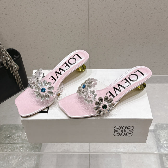 LOEWE 26S MULE HEELS 45MM IN LIGHT PINK PVC WITH CRYSTAL FLORAL