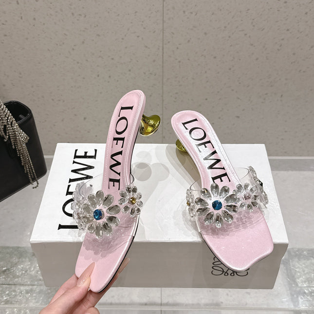 LOEWE 26S MULE HEELS 45MM IN LIGHT PINK PVC WITH CRYSTAL FLORAL
