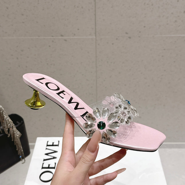 LOEWE 26S MULE HEELS 45MM IN LIGHT PINK PVC WITH CRYSTAL FLORAL