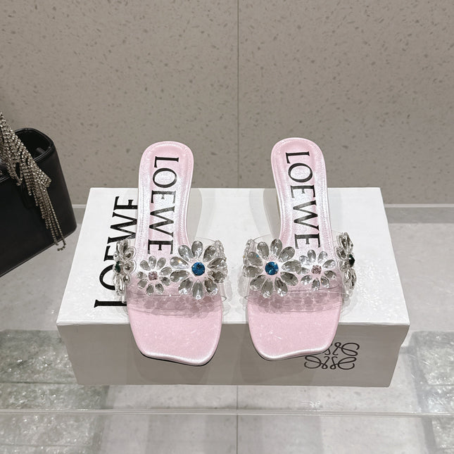 LOEWE 26S MULE HEELS 45MM IN LIGHT PINK PVC WITH CRYSTAL FLORAL