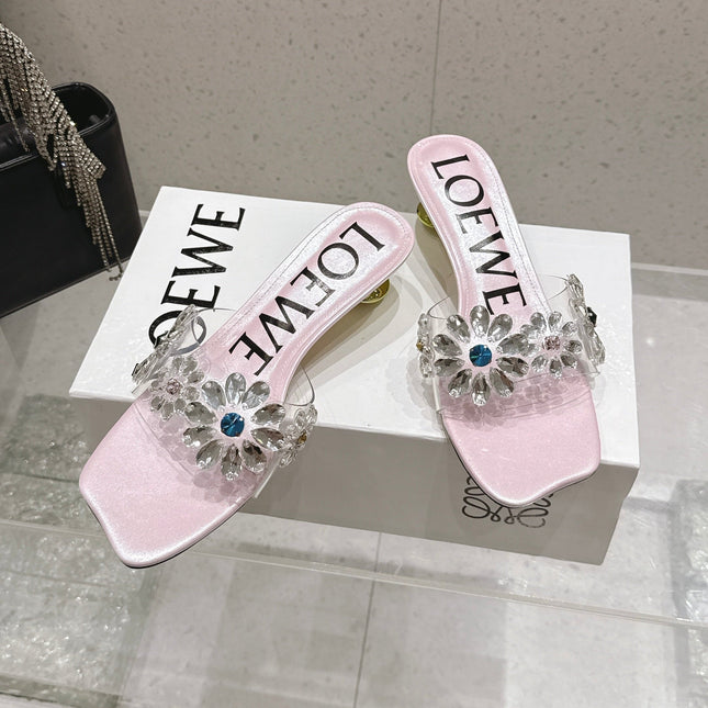 LOEWE 26S MULE HEELS 45MM IN LIGHT PINK PVC WITH CRYSTAL FLORAL