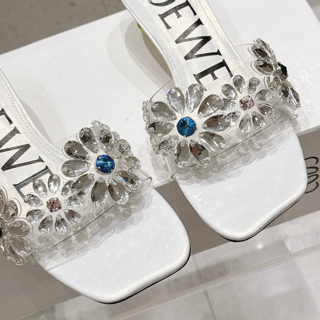 LOEWE 26S MULE HEELS 45MM IN WHITE PVC WITH CRYSTAL FLORAL