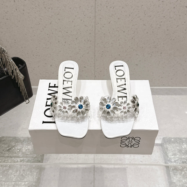 LOEWE 26S MULE HEELS 45MM IN WHITE PVC WITH CRYSTAL FLORAL