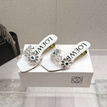 LOEWE 26S MULE HEELS 45MM IN WHITE PVC WITH CRYSTAL FLORAL