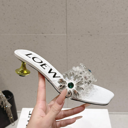 LOEWE 26S MULE HEELS 45MM IN WHITE PVC WITH CRYSTAL FLORAL