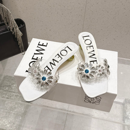 LOEWE 26S MULE HEELS 45MM IN WHITE PVC WITH CRYSTAL FLORAL