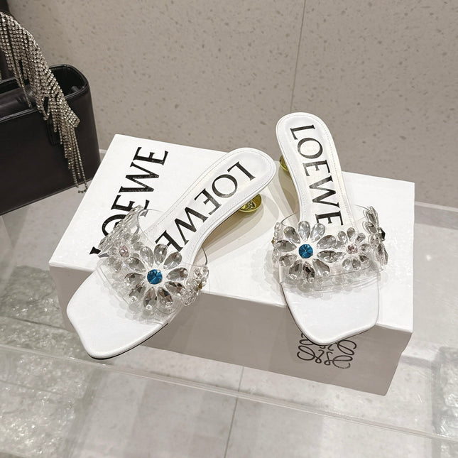 LOEWE 26S MULE HEELS 45MM IN WHITE PVC WITH CRYSTAL FLORAL