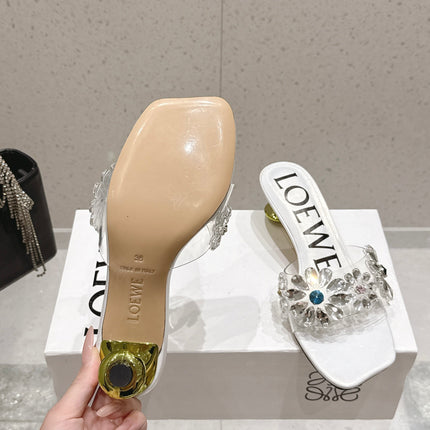 LOEWE 26S MULE HEELS 45MM IN WHITE PVC WITH CRYSTAL FLORAL