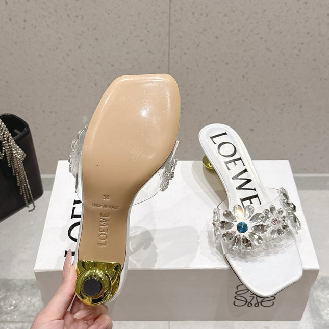 LOEWE 26S MULE HEELS 45MM IN WHITE PVC WITH CRYSTAL FLORAL