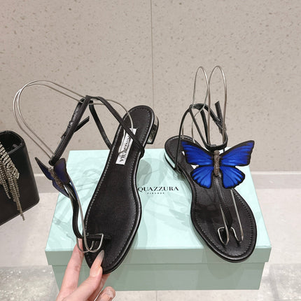 AQUAZZURA 26S BUTTERFLY THONG SANDALS IN BLACK LAMBSKIN