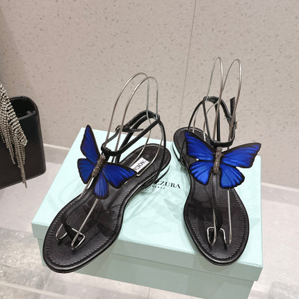 AQUAZZURA 26S BUTTERFLY THONG SANDALS IN BLACK LAMBSKIN