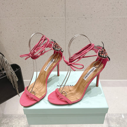 AQUAZZURA 26S BUTTERFLY LACE-UP HEELS 100 MM IN PINK WOVEN TEXTURE