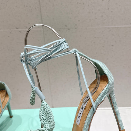 AQUAZZURA 26S FLORAL HEELS 100 MM IN MINT GREEN WOVEN RAFFIA