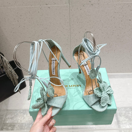 AQUAZZURA 26S FLORAL HEELS 100 MM IN MINT GREEN WOVEN RAFFIA