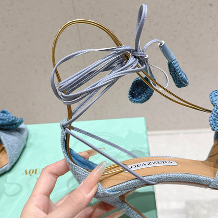 AQUAZZURA 26S FLORAL HEELS 100 MM IN PASTEL BLUE WOVEN RAFFIA AND FABRIC