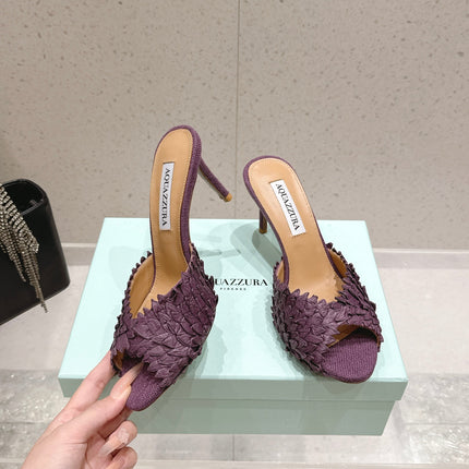 AQUAZZURA 26S HEELED MULES 80 MM IN DARK PURPLE WOVEN RAFFIA