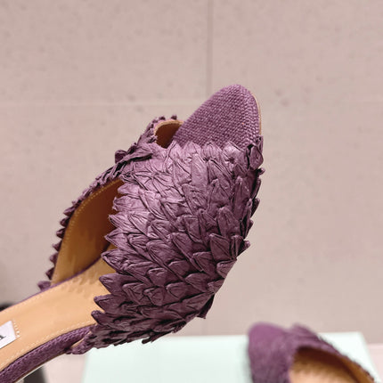 AQUAZZURA 26S HEELED MULES 80 MM IN DARK PURPLE WOVEN RAFFIA