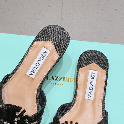 AQUAZZURA 26S SANDALS IN BLACK WOVEN RAFFIA
