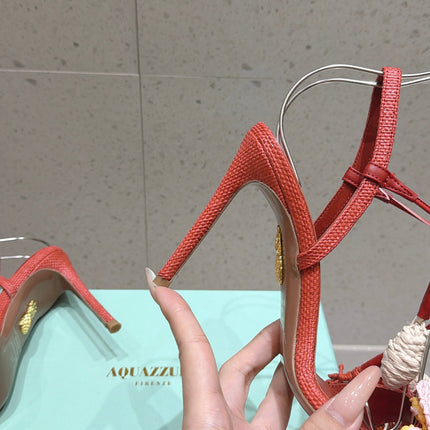 AQUAZZURA 26S HIGH-HEEL SANDALS 100 MM IN CORAL RED LAMBSKIN