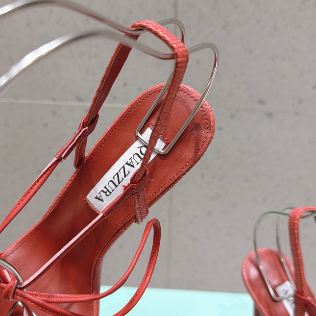AQUAZZURA 26S HIGH-HEEL SANDALS 100 MM IN CORAL RED LAMBSKIN