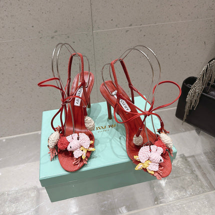 AQUAZZURA 26S HIGH-HEEL SANDALS 100 MM IN CORAL RED LAMBSKIN
