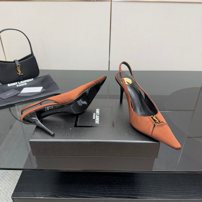 YSL 25S SLINGBACK HIGH HEELS 90 MM IN COGNAC BROWN SATIN WITH GOLD HARDWARE STYLE 15