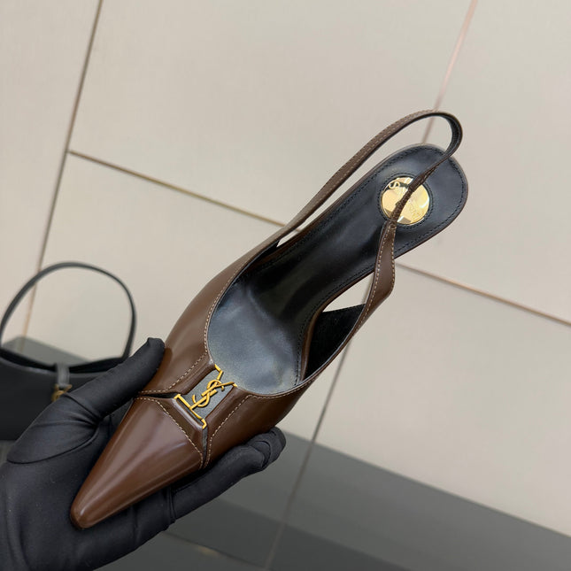 YSL 25S SLINGBACK HIGH HEELS 90 MM IN CHOCOLATE BROWN LAMBSKIN WITH GOLD HARDWARE STYLE 7