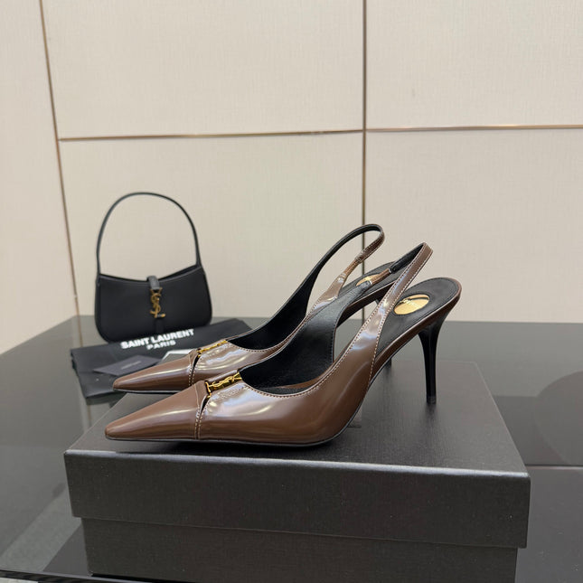 YSL 25S SLINGBACK HIGH HEELS 90 MM IN CHOCOLATE BROWN LAMBSKIN WITH GOLD HARDWARE STYLE 7