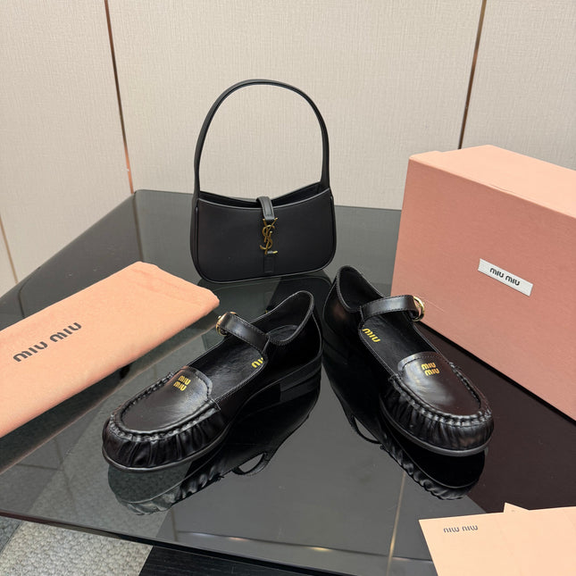 MIUMIU 25S LOAFERS WITH STRAP IN BLACK LAMBSKIN
