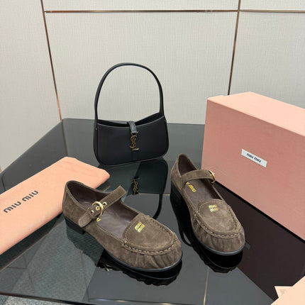 MIUMIU 25S LOAFERS WITH STRAP IN DARK BROWN SUEDE