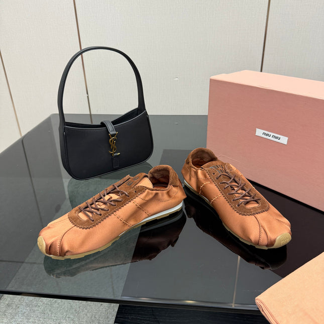 MIUMIU 25S SNEAKERS IN COCOA BROWN PLUME SATIN