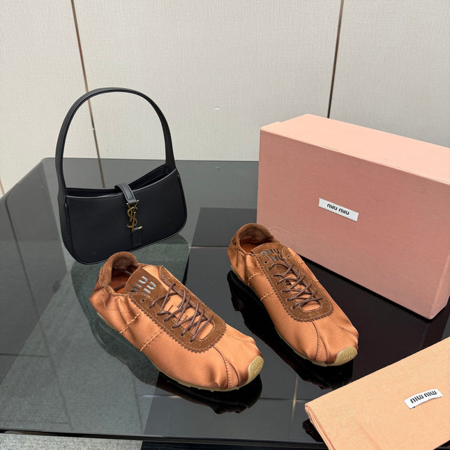 MIUMIU 25S SNEAKERS IN COCOA BROWN PLUME SATIN