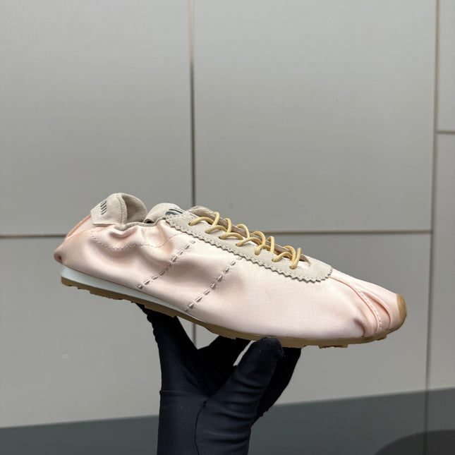 MIUMIU 25S SNEAKERS IN POWDER PINK PLUME SATIN