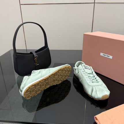 MIUMIU 25S SNEAKERS IN POWDER BLUE PLUME SATIN