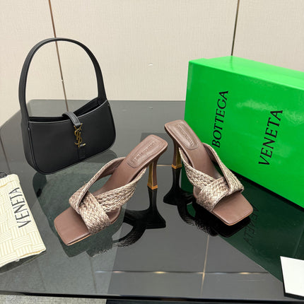 BOTTEGA VENETA 26S HEELED SANDALS 95 MM IN DARK BROWN CALFSKIN AND RAFFIA