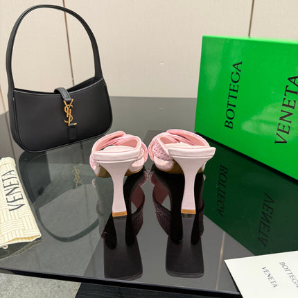 BOTTEGA VENETA 26S HEELED SANDALS 95 MM IN LIGHT PINK CALFSKIN AND RAFFIA