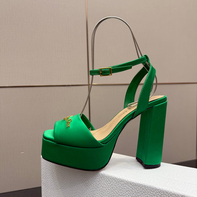DIOR 26S HIGH HEEL SANDALS 120 MM IN GREEN SATIN