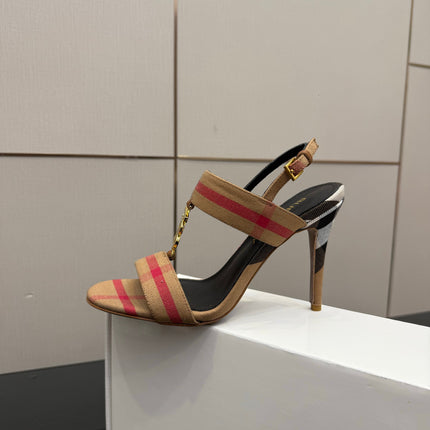 BURBERRY 26S HIGH-HEELED SANDALS 100 MM IN LIGHT BROWN STRIPES FABRIC