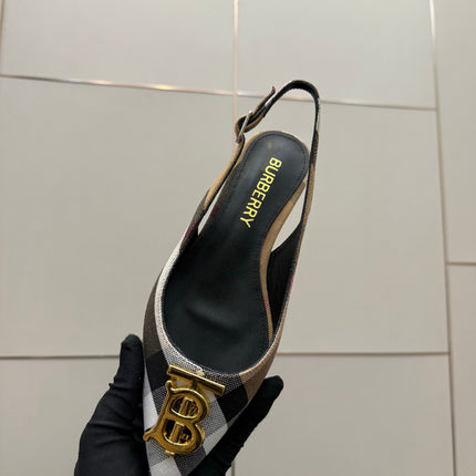 BURBERRY 26S SLINGBACK HEELS 85 MM IN STRIPED COLOR COORDINATION FABRIC WITH GOLD HARDWARE STYLE 6