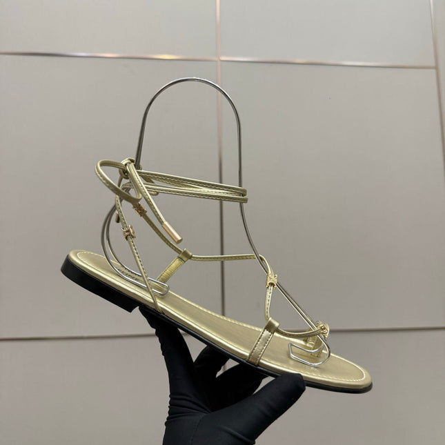 CELINE 26S TRIOMPHE LACE UP FLAT SANDALS IN GOLD CALFSKIN