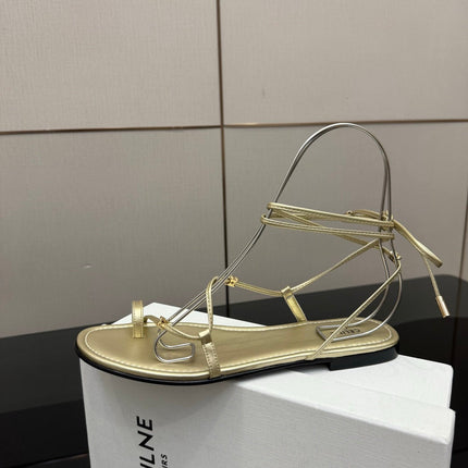 CELINE 26S TRIOMPHE LACE UP FLAT SANDALS IN GOLD CALFSKIN