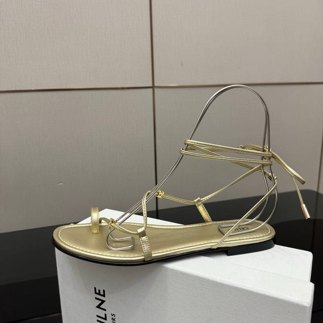 CELINE 26S TRIOMPHE LACE UP FLAT SANDALS IN GOLD CALFSKIN