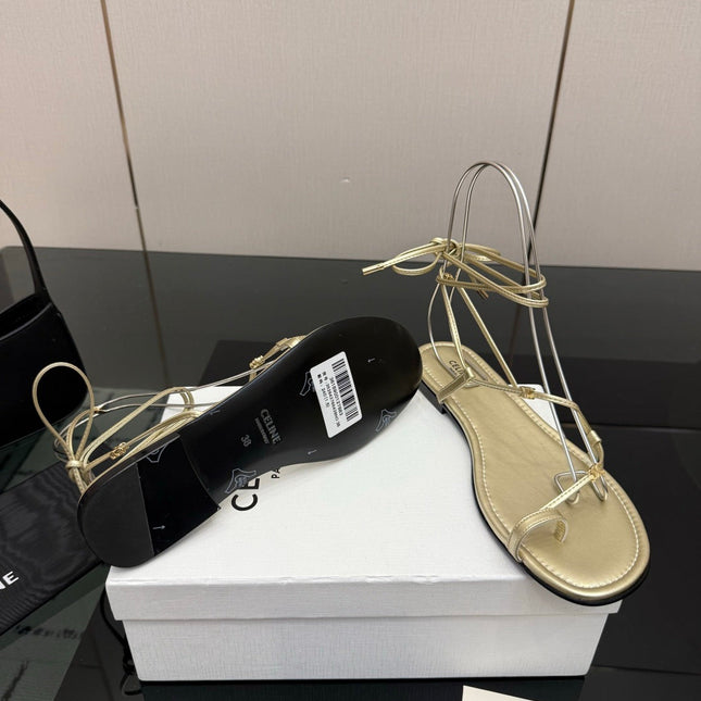 CELINE 26S TRIOMPHE LACE UP FLAT SANDALS IN GOLD CALFSKIN