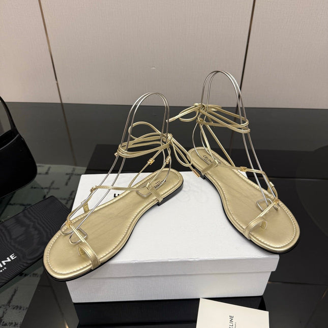 CELINE 26S TRIOMPHE LACE UP FLAT SANDALS IN GOLD CALFSKIN