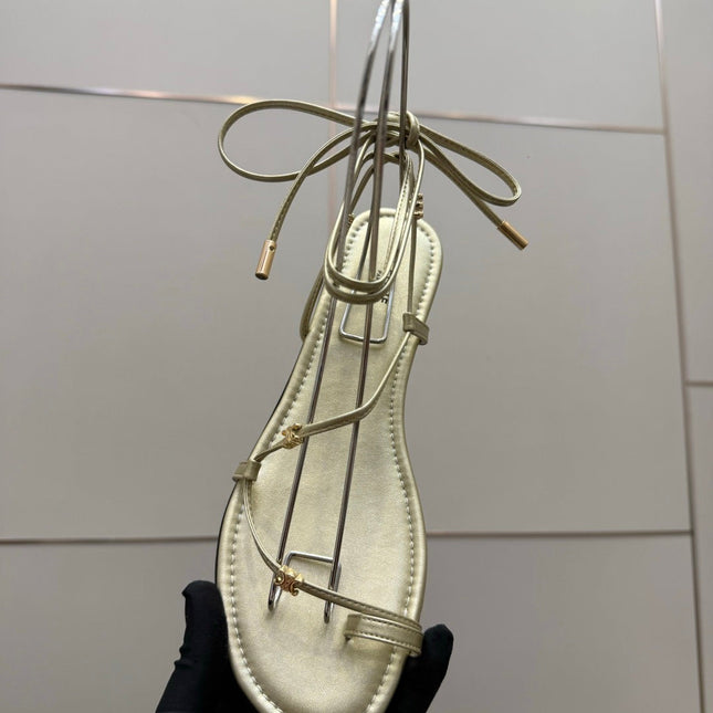 CELINE 26S TRIOMPHE LACE UP FLAT SANDALS IN GOLD CALFSKIN