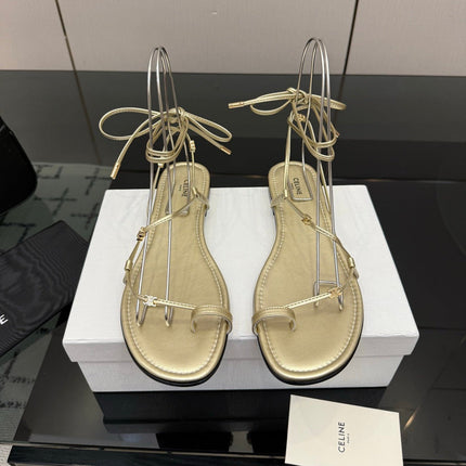 CELINE 26S TRIOMPHE LACE UP FLAT SANDALS IN GOLD CALFSKIN