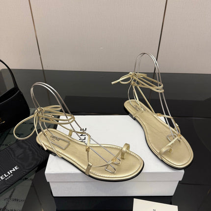 CELINE 26S TRIOMPHE LACE UP FLAT SANDALS IN GOLD CALFSKIN