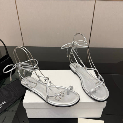 CELINE 26S TRIOMPHE LACE UP FLAT SANDALS IN SILVER CALFSKIN